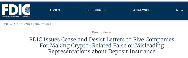 FTX US and four other exchanges get cease and desist letters over misleading representation of Federal Deposit Insurance